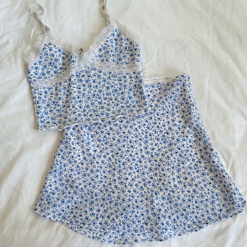 Blue floral print cami and mini skirt set